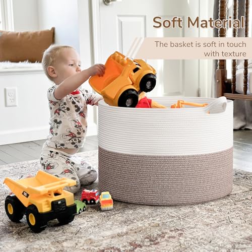 INDRESSME 115L Extra Large Blanket Basket, Soft Cotton Rope Storage Basket for Organizing, Home Decor, Toys, Laundry & Towels, Toy Storage Organizer for Living Room & Nursery, White & Brown - color: White & Brown, size: 23.6"D x 15.7"H