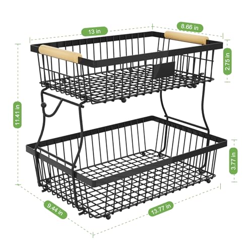 2 Tier Fruit Basket for Kitchen Counter with 2 Banana Hangers, Countertop Metal Bread Basket with Wooden Handle, Large Storage Stand for Vegetables, Snacks, Eggs, Produce Storage – Black - color: Black, size: 2 Tier