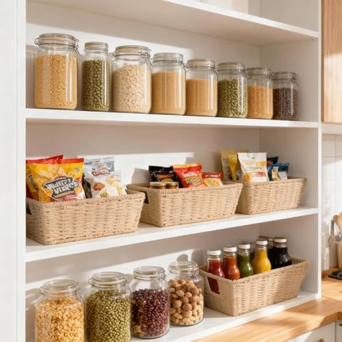 Paper Rope Storage Baskets for Shelves Organizing, Small Hand Woven Wicker Organizer Basket with Handle for Bathroom Toilet Paper Storage, Beige, 3-Pack - color: Paper Rope Beige, size: 3 Pack