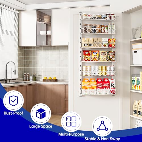 MIAOLI Over the Door Organizer, White 6-Tier Pantry Door Organizer with Adjustable Basket, Hanging Spice Rack Cabinet Door Shelves, Laundry Room Organization and Storage - color: White, size: 6-Tier