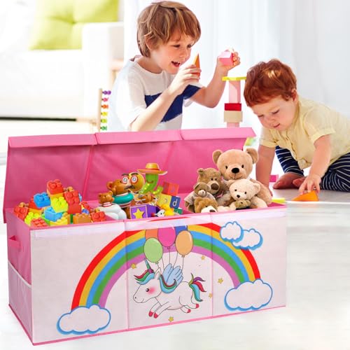 Extra Large Toy Box, Collapsible Storage Organizer with Lids, Sturdy Unicorn Toy Chest for Boys Girls, 40"x14"x16" Kids Storage Bin Box Baskets for Living Room, Playroom, Bedroom, Nursery - color: Pink