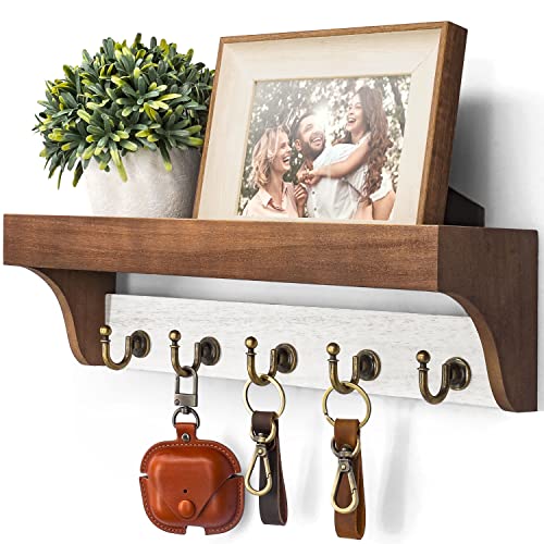 Rebee Vision Key Holder for Wall with Shelf - Farmhouse 2-Color Key Rack with 5 Retro Keys Hooks and Primitive Wood Mail Organizer Wall Mount - Decorative Rustic Home Decor (Brown & White) - color: Brown&White