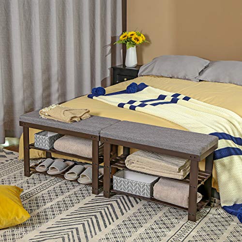 SONGMICS Bamboo Shoe Bench, 3-Tier Shoe Rack Organizer for Entryway, Living Room, Bench Seat Holds Up to 300 lb, 11.9 x 28.3 x 19.2 Inches, Rustic Walnut and Slate Gray ULBS604CG - color: Rustic Walnut + Slate Gray, size: 28.3"W