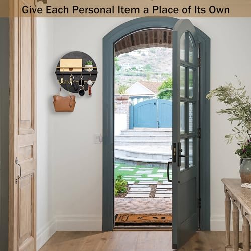 dreampossible Key Holder for Wall Decorative with Shelf and Hooks, Mail Organizer Wall Mount with Sunglasses Holder, Circular Design Entryway Key Rack Hanger, Rustic Home Decor - color: black&gold