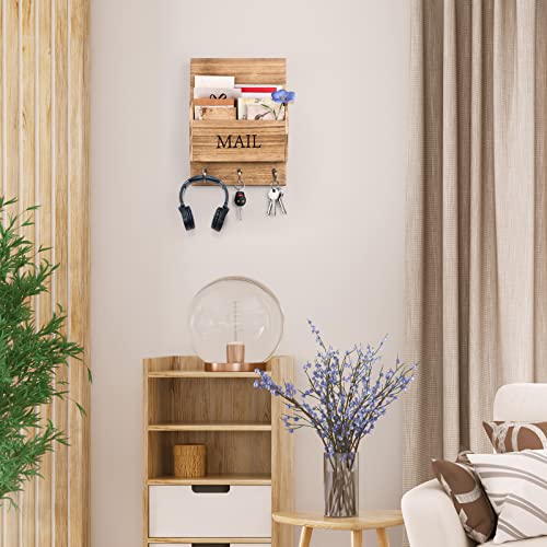 DLQuarts Mail Organizer with Key Holder for Wall Decorative Mail Sorter Wall Mounted, Wooden Mail Holder with 3 Hooks, Carbonized Brown - color: Carbonized Brown