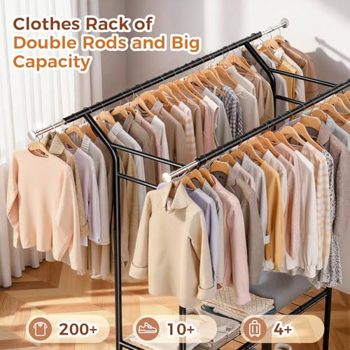 Luxspire Heavy Duty Clothes Rack Load 650 LBS, Double Rod Clothing Racks for Hanging Clothes, Rolling Garment Racks with Lockable Wheels, Shelves, Adjustable Laundry Hanging Rack, Black - color: Black