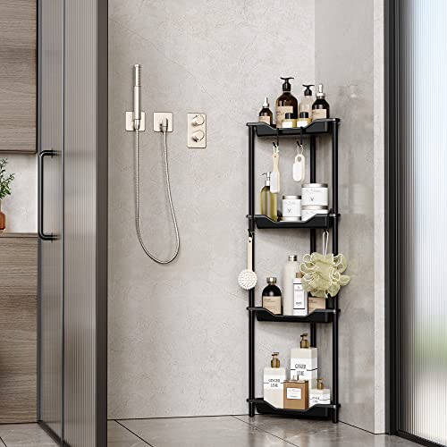 Orimade Rustproof 4 Tier Floor Standing Corner Shower Caddy Organizer, Plastic Metal Splicing Floor Corner Shelf Rack Storage Stands for Bathroom,10.8 x 10.8 x 44.6 inches, Black - color: Black, size: 4 Tier