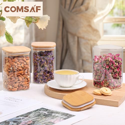 ComSaf 1.2 Qt Glass Storage Containers with Lids, Glass Jars with Lids, Clear Food Storage Jar, Square Canister Set of 9, Pantry Organizers and Storage for Cookie Flour Oat Pasta Tea Coffee Bean - size: 1.2Qt*9