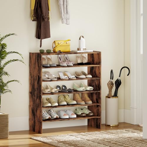 Giantex 3-in-1 Vertical Shoe Rack, 6-Tier Free Standing Shoe Storage Organizer w/Stackable Design for 18 Pairs, 31 Inch Wide Wood Shoe Shelf for Closet, Entryway, Living Room, Office, Brown - color: Brown