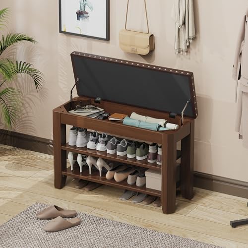 Shoe Bench for Entryway, Solid Rubberwood Shoe Bench with Hidden Storage, Adjustable 2-Tier Shelves & Soft PU Leather Seat, Shoe Rack Durable Easy Assembly for Hallway or Bedroom - Brown, 31.5" - color: Brown, size: 31.52"W x 11.82"D x 20.47"H