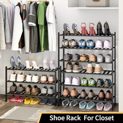 Shoe Rack, 3-Tier Bamboo Stackable Shoe Shelf Storage Organizer, Shoe Stand for Closet, Entryway and Hallway - color: Black, size: 3-Tier-Standard