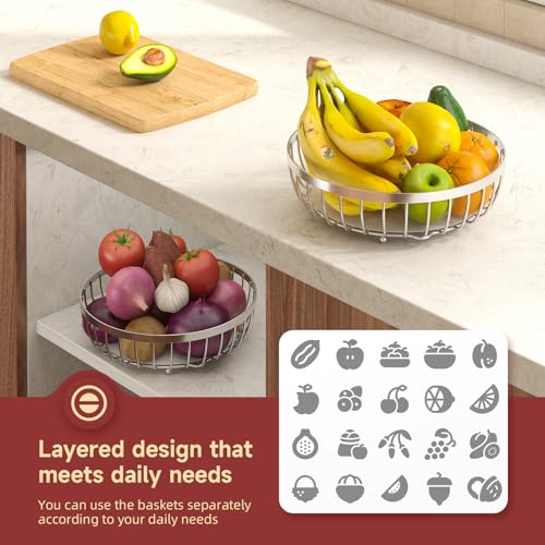 Sevenblue 2 Tier Fruit Basket for Kitchen Counter with 2 Banana Hangers, 2026 Pro Detachable Metal Fruit Bowl with Wooden Handle,Fruit Holder for Bread Snack Veggies, Silvery Extra Large - color: Silver, size: 2 Tier Extra Large