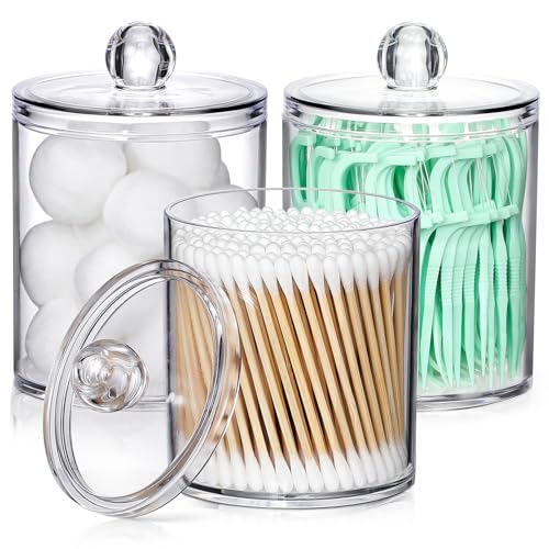 AOZITA 3 Pack Acrylic Qtip Holder Dispenser for Cotton Swab, Ball, Round Pads, Floss Picks - 10 oz Clear Plastic Apothecary Jar Set for Bathroom Canister Storage Organization, Vanity Makeup Organizer - color: Clear, size: 3 Pack