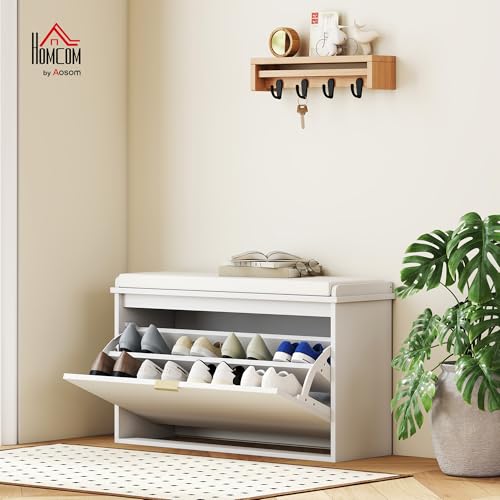 HOMCOM Narrow Shoe Bench with Padded Seat Cushion and Flip-Drawer, Small Entryway Bench Holds up to 265lb, Shoe Cabinet, 31.5x10.2x18.7 Inches, White - color: White, size: 31.5" x 10.2" x 18.7"