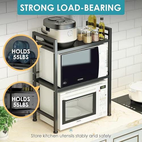 DOLALIKE Microwave Oven Rack, Expandable Microwave Stand Countertop Kitchen Utensils Tableware Storage, Carbon Steel Over Microwave Shelf Countertop with 3 Hooks - color: Black, size: 3 Tier (Without Spice Rack)