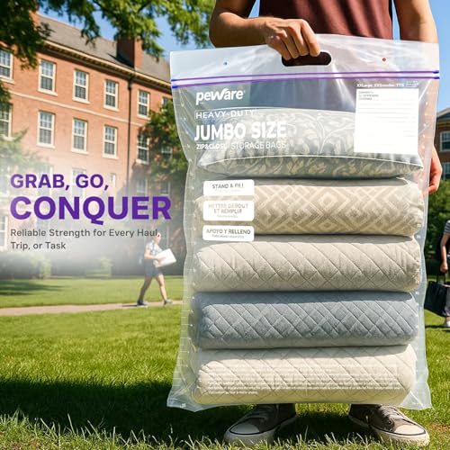 20 Gallon Heavy Duty Jumbo Storage Bags with Handle – 24" x 34" Resealable Zipper Top, Oversized Storage Solution for Clothes, Food, Pillow, Bedding, Household, BPA-Free, Pack of 5, 6 Mil Thick - size: 24x34 6mil Pack5
