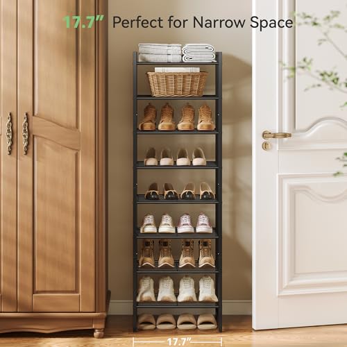 Nunsino Narrow Shoe Rack, 8-Tier Metal Shoe Organizer,Tall Shoe Shelf with Anti-Tip Strap, Max Holds 18 Pairs,Space Saving for Closet,Entryway,Black - color: Black, size: 8 Tier