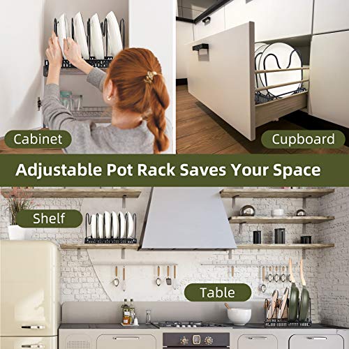 ROOHUA Pot Rack -Expandable Pan Organizer for Cabinet, Lid Holder with 10 Adjustable Compartment for Kitchen Cabinet Cookware Baking Frying Rack - color: Black