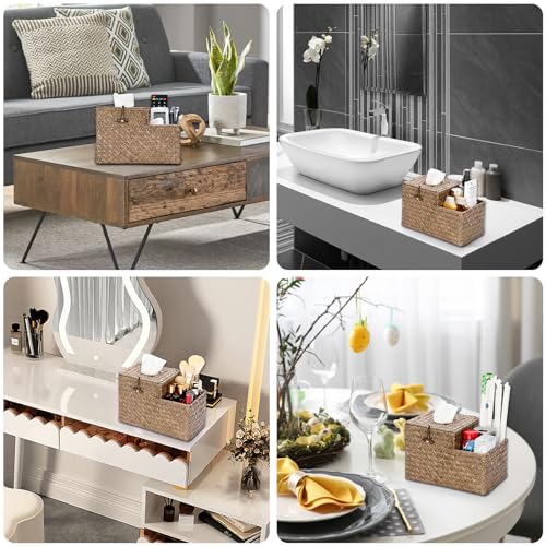 Sumnacon Tissue Box Cover Square Tissue Box Woven Seagrass Tissue Box Holder with Side Organizer, Rustic Tissue Holder for Living Room Bathroom Bedroom Kitchen Office Table Desk, Coffee - color: Coffee