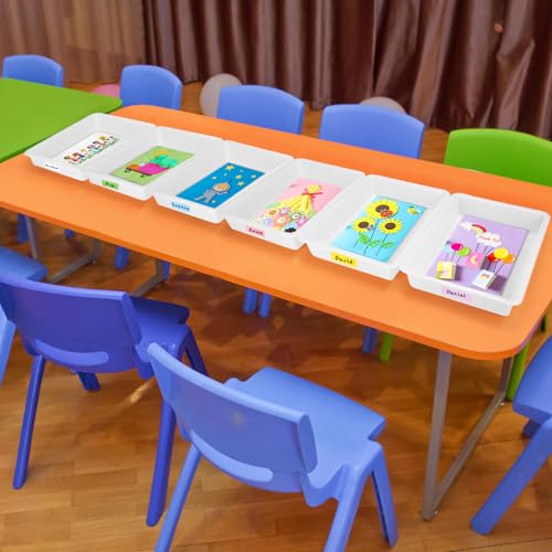 ShineMe Turn in Trays Classroom, 6 Pack White Paper Trays for Classroom with Colorful Labels, Thick Plastic Storage Bins for School, Office Organization, Letter Size Flat Storage Tray - color: White