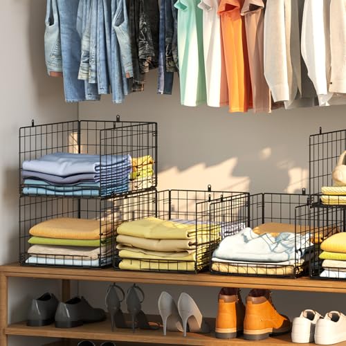 4 Pack Closet Organizers and Storage Shelves for Clothes, 4 Tier Stackable Closet Storage Basket Bin Container for Clothing Sweater Jean, Narrow, Foldable, Sturdy Metal System Organizer Shelf - color: Black