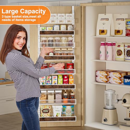 8 Tier Over the Door Pantry Organizer 2 IN 1 Hanging or Wall Mounted Spice Rack with Adjustable Basket,Heavy Duty Seasonning Storage Shelf for Kitchen Pantry and Bathroom - color: White, size: 8 Tiers