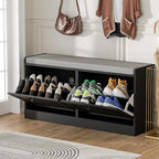 MHOM Black Modern Entryway Bench with 2 Flip Drawers, Shoe Bench with Padded Seat Cushion, Wooden Storage Bench for Hallway and Entryway - color: Black