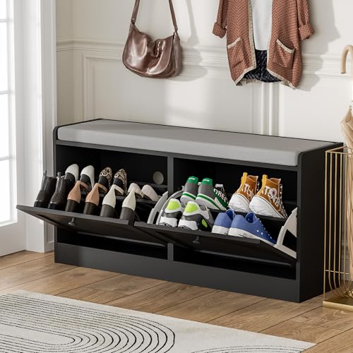 MHOM Black Modern Entryway Bench with 2 Flip Drawers, Shoe Bench with Padded Seat Cushion, Wooden Storage Bench for Hallway and Entryway - color: Black