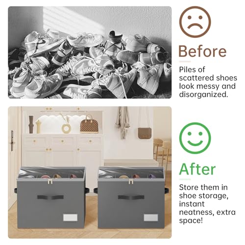 3 Pack Shoe Organizer for Closet, Foldable Shoe Storage Containers, Fits up to 24-48 Pairs, Shoe Storage Organizer Box Cubby Baskets Bins with Clear Cover and Reinforced Handles, Gray - color: 3Pack Gray