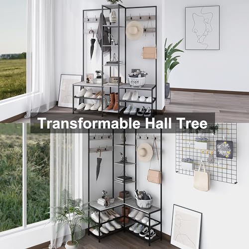 GiftGo Corner Hall Tree with Shoe Rack Storage Bench Display Open Shelves Modern Industrial Entryway Coat Rack Stand for Home Living Room Mudroom Bedroom Multifuncitonal 5 in 1 (Greige) - color: Greige