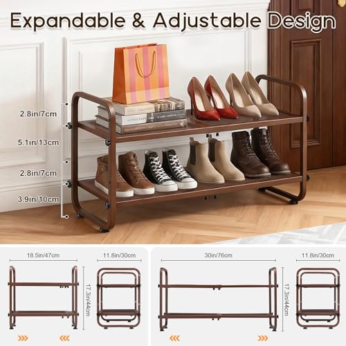 Expandable Shoe Rack for Closet - Shoe Organizer for Entryway, Adjustable Metal Shoe Storage, Stackable Long Shoe Stand Holder for Garage, Hallway, Door Entrance (Brown, 2 Tier) - color: Brown, size: 2 Tier