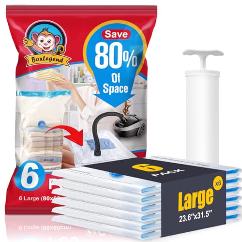 BoxLegend Vacuum Storage Bags with Hand Pump 6 Large 23.6’’x31.5’’ Thickened Vacuum Seal Bags for Clothing Coat Bedding Quilt Blanket Pillow Comforters - size: Hand Pump-6 Large 23.6’’x31.5’’