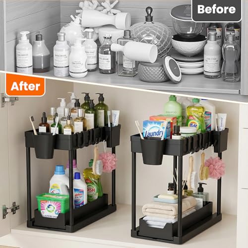 Under The Sink Organizer, 2 Tier Sliding Under Kitchen Sink Organizer, Multi-Use Pull Out Cabinet Organizer for Countertop, Bathroom, Pantry & Office Organization (Black(2 pack)) - color: Black(2 pack)