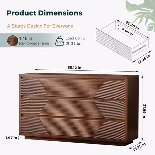Ieejdn 55.12" Modern Chest of Drawer, 6 Deep Drawers,Clothes Organizer,Large Storage Cabinet for Living Room, Bedroom,Dresser TV Stand, Wood Drawer Organizer for Living Room, Hallway, Umber