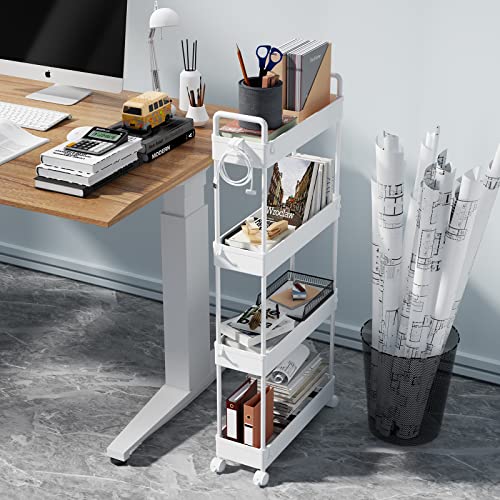 SOLEJAZZ Slim Rolling Storage Cart with Wheels 4 Tier Skinny Bathroom Storage Organizer Narrow Shelf Unit Thin Laundry Room Utility Cart for Bedside Kitchen Office Next to Fridge Small Places, White - color: White, size: 4-Tier, 4.76"D