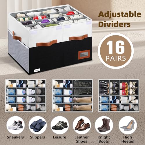Supowin Shoe Organizer for Closet, Foldable Shoe Storage Bins with Lid & Adjustable Dividers, Fabric Shoe Box Storage Containers with Four Reinforced Handles, Fits 16 Pairs, 1 Pack, Black & White - color: Black & White, size: 21"L x 17"W x 13"H