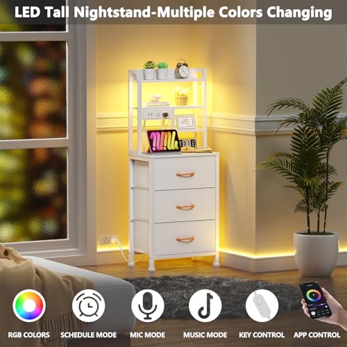 Furnulem Tall Nightstand with LED Lights and 3 Tier Shelves, Night Stand with 3 Fabric Drawers, 45.3inch Tall Bedside Tables with USB Ports and Outlets in Bedroom, Dorm, Office (White) - color: White, size: 3 Drawer