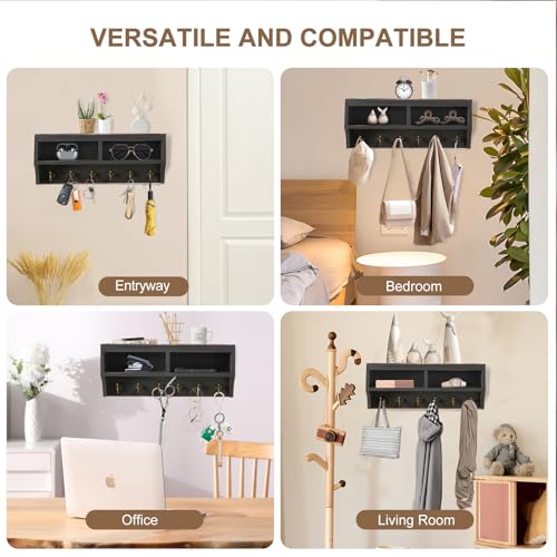 Key Holder Wall Mount - Mail Organizer Wall Mount with 6 Key Hooks and Storage Box for Sunglasses Storage and Dog Leash Holder Home Decor Rack Apartment Farmhouse Shelf Entryway Organizer (Black) - color: Black
