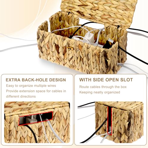 BTSKY Woven Cable Management Box with Lid, Water Hyacinth Cord Organizer for Desk, Cable Organizer Box with 2-Open Slots to Hide Power Strips USB Hubs for Home & Office, Pet Proofing Cord Basket, L - size: L