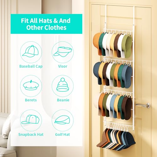 HapiRm Over Door Hat Organizer - 4 Tier Wall Mounted Hat Rack with 24 Hooks and 10 Movable Clips, Hanging Baseball Cap Organizer Storage Holds to 34 Caps for Door, Bedroom, Closet(White) - color: White, size: 4 Tier