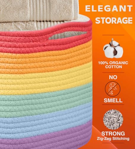 CHAT BLANC Cotton Rope Baskets for Organizing, Shelves, Toys, Storage, Shoe, Bathroom, Laundry, Towel, Nursery, Home Decor, Blanket, Cloth Woven Bins Fabric (Rainbow, 15"x10"x9") - color: Rainbow, size: 3 PACK | Medium | 15"x10"x9"