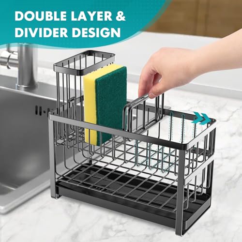 Sinnsally Kitchen Sponge Holder,Sink Caddy Organizer with High Brush Holder,Stainless Steel Sink Box Dish Scrubber Holder,Soap Tray for Kitchen Counter Accessories & Storage Rack(2 Tier - Black) - color: 2 Tier-Black