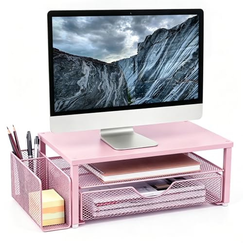 Spacrea Desk Organizer and Accessories, Computer Monitor Stand Riser with Drawer and 1 Open Pen Holder, Printer & Laptop Stand, Office Desk Accessories for Home Office Supplies (Pink) - color: Pink - Metal Drawer