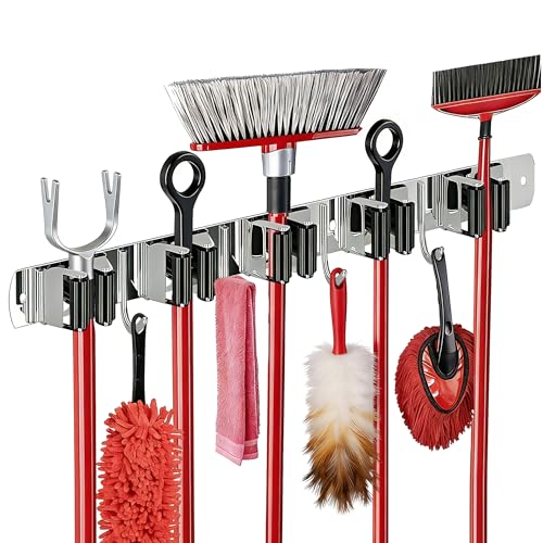 5 Racks and 4 Hooks Mop and Broom Holder Wall Mount, SUS304 Heavy Duty Broom Organizer Storage Tool Racks, Self Adhesive Solid Non-slip Tool Hangers for Home Kitchen Garden Laundry Garage - color: 5 Racks & 4 Hooks (Silver) - 1 Pack