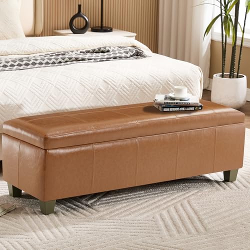 WUTUTUEE 51" Faux Leather Storage Ottoman, Stitch Tufted Rectangle Upholstered End of Bed Storage Bench, Entryway Large Couch Ottoman with Wooden Legs, Light Brown - color: Light Brown, size: 51 Inch