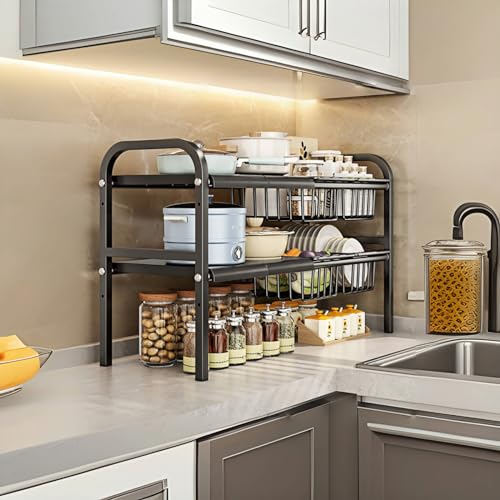 Under Sink Organizer，2 Tier Expandable Heavy Duty Metal Shelf，with 5 Removable Panels and 5 Storage Basket for Under Kitchen Bathroom Sink Organizers and Storage(X-Large,Black) - color: Black, size: X-Large