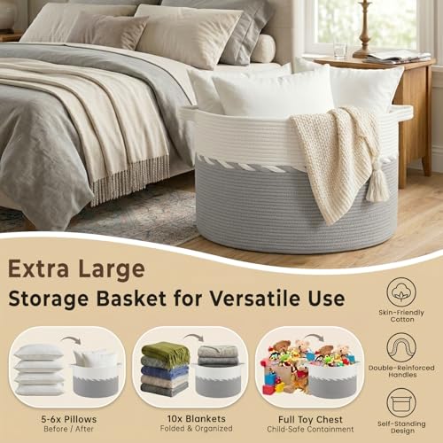OIAHOMY 90L Blanket Basket for Living Room, Large Basket 23" x 23" x 13" with Handle, Laundry Hamper for Blankets, Pillows, Toy Storage for Kids, Dogs - Grey & White - color: Grey & White, size: 23" x 23" x 13"