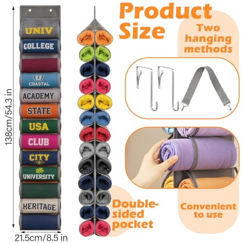 Over the Door Hoodie Organizer, Double Sided Holds 26 Hoodies, Gray Hanging Storage with 2 Hooks and Rope for Door Closet Cabinet Use, Ideal for Dorm Rooms Bedroom, Small Spaces, 54.3 Inch - color: Grey