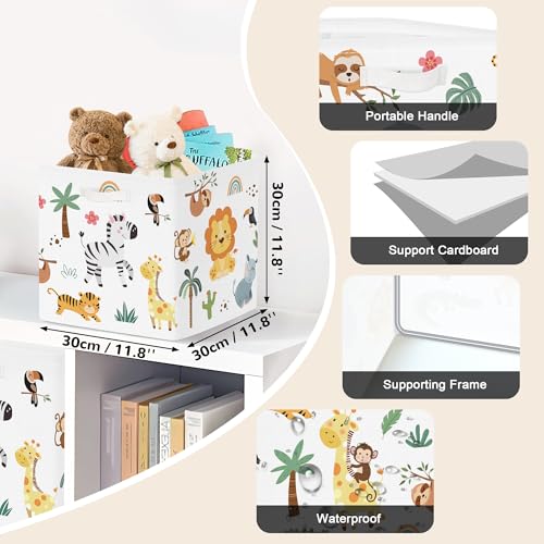 Clastyle Jungle Animal Storage Cube Organizer Set Tree Closet Clothes Cube with Metal Frame Foldable Parents Organizer Storage Basket for Book Toy,White,11.8x11.8x11.8 in - color: White