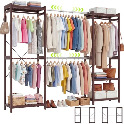Homykic Bamboo Closet System, 71"-91" Expandable Clothing Rack with 5 Hanger Rods & Shelves, 6.6ft Tall Garment Rack Organizer for Walk-in Closet Bedroom, Max Load 850LBS, Easy to Assemble, Espresso - color: Espresso, size: 91"Wx14.2"Dx79"H